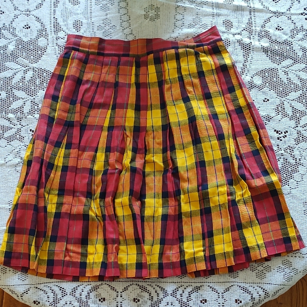 Plaid Pleated Skirt - Red and Yellow